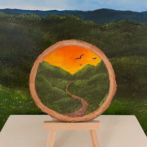Mountain Road Sunset Miniature Mini Oil Painting Easel Wood Signed by Artist